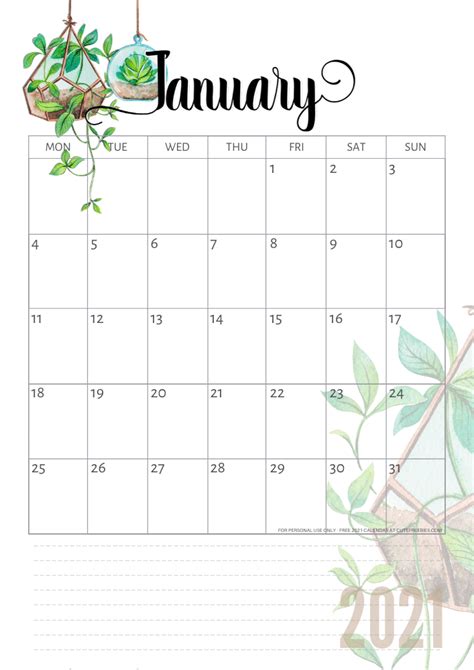 Cute august 2021 calendar design ideas: January-2021-calendar-plants - Cute Freebies For You