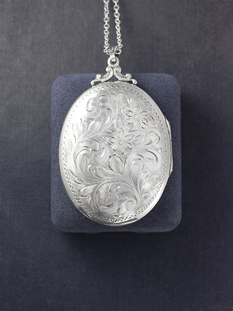 Large Oval Sterling Silver Locket Necklace Vintage Floral Engraved