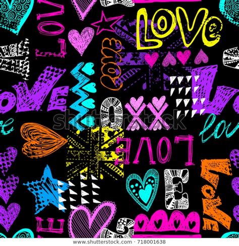Bright Seamless Pattern Colorful Hearts Words Stock Vector
