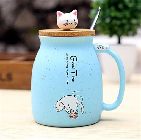 450ml Cartoon Ceramics Cat Mug With Lid And Spoon Coffee Milk Etsy