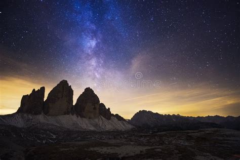 Milky Way Astrophotography With Tre Cime Di Lavaredo Stock Image