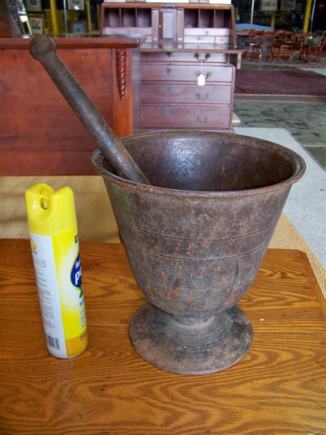 Lot Very Large Antique Cast Iron Mortar And Pestle
