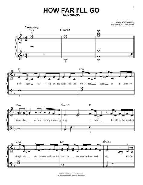 How Far Ill Go From Moana Sheet Music Lin Manuel Miranda Easy Piano