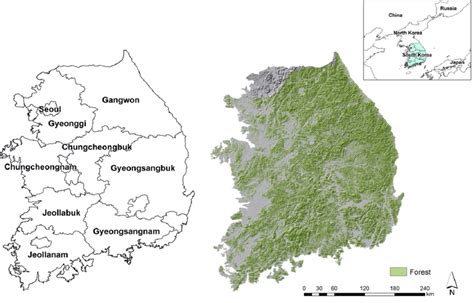 Cholla, chungchong, hamgyong, hwanghae, kangwon, kyonggi, kyongsang, and pyongang. Provinces (left), forest distributions and topography of South Korea... | Download Scientific ...