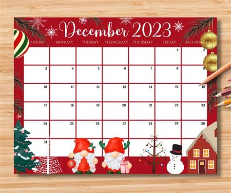 EDITABLE December 2023 Calendar Colorful Christmas With Cute Etsy
