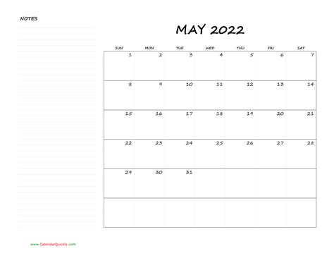 May Blank Calendar 2022 With Notes Calendar Quickly
