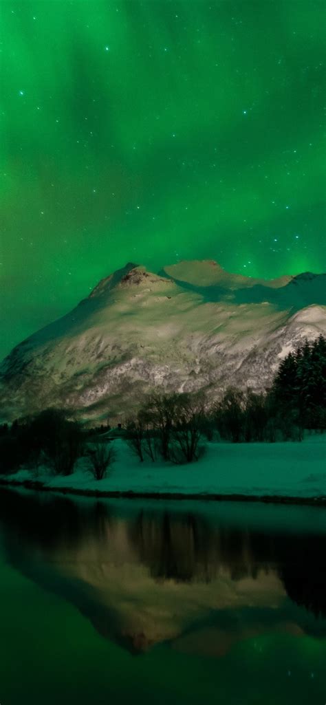 Norway Svolvaer Winter Northern Lights Lake Snow Night 828x1792