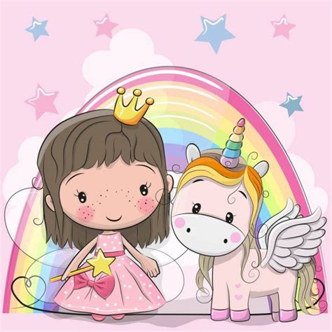 En La Misma Serie Con 154567352 Cute Cartoon Girl And Unicorn Cartoon