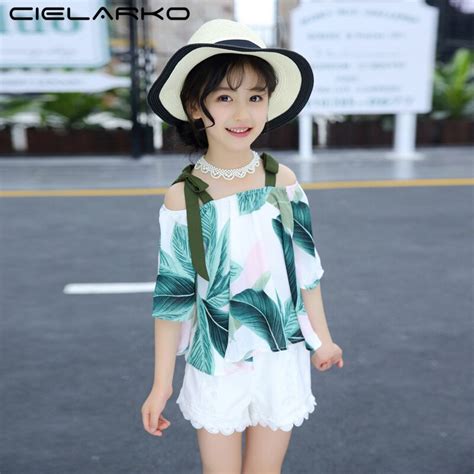 Cielarko Girls Clothing Set Green Leaf Summer Print Shirt Short Baby