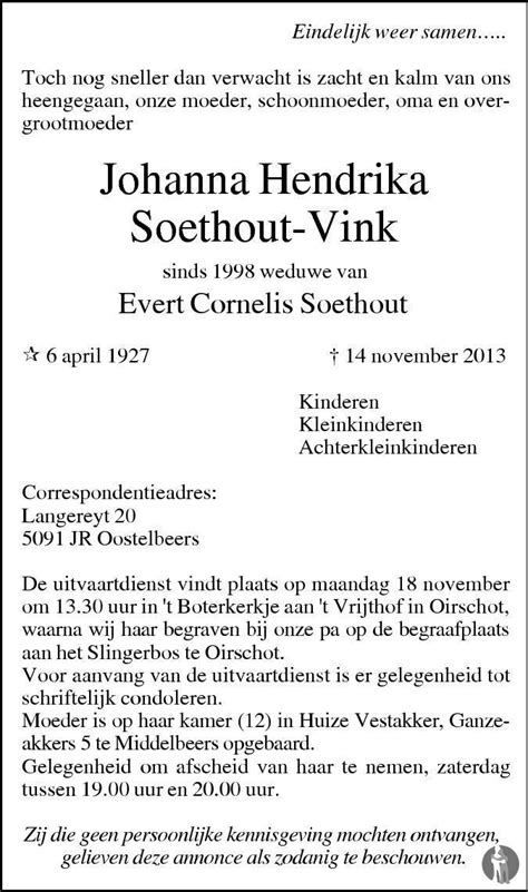 Johanna Hendrika Soethout Vink 14 11 2013 Overlijdensbericht En