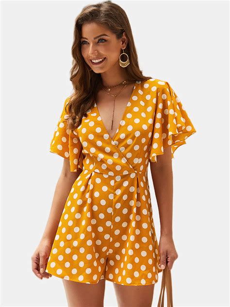 Polka Dot Print V Neck Short Sleeve Mini Dress US 21 99