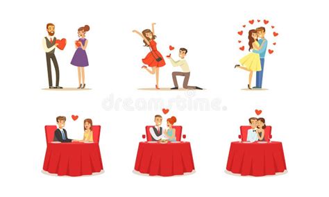 Couples On Dates Vector Illustrations Set Young Man And Woman