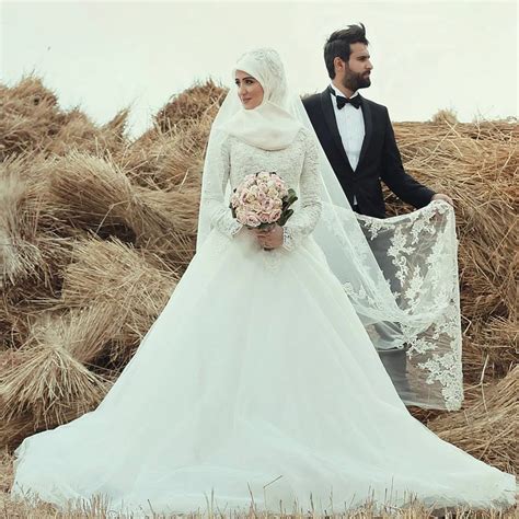 New Islamic Muslim Hijab Wedding Dress Lace Ball Gown Long Sleeve White