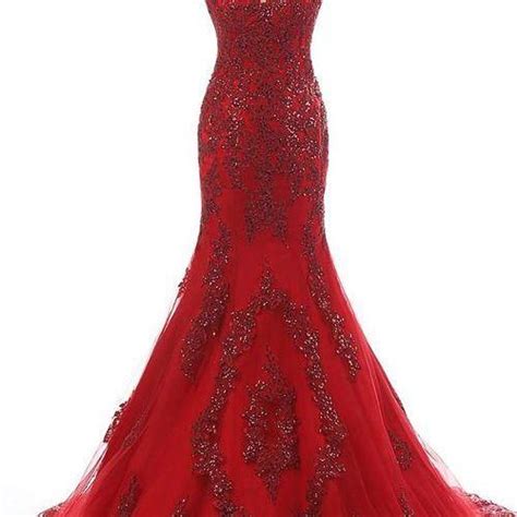 Trumpet Mermaid Scoop Neck Tulle Court Train Appliques Lace Red Prom