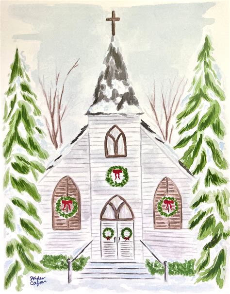 Christmas Church Watercolor Painting Print Christmas Etsyde