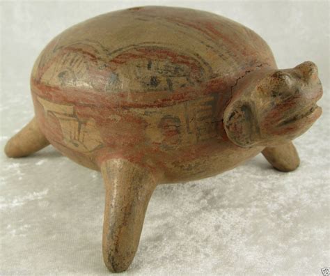 Pre Columbian Pottery Turtle Effigy Rattle Polychrome Design Nicoya