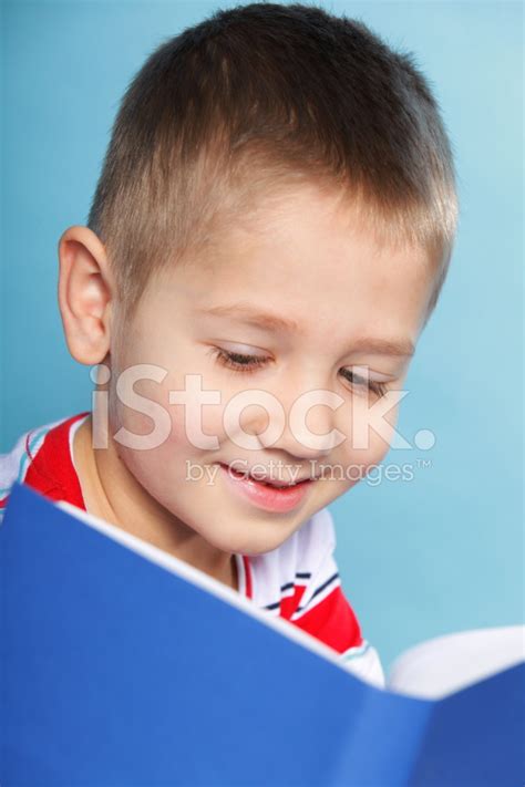 Child Boy Kid Reading A Book On Blue Stock Photo Royalty Free