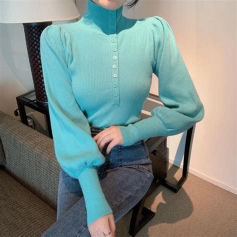 Peonfly Casual Spring Autumn Women Sweater Pullovers Long Sleeve Button Turtleneck Chic Sweater