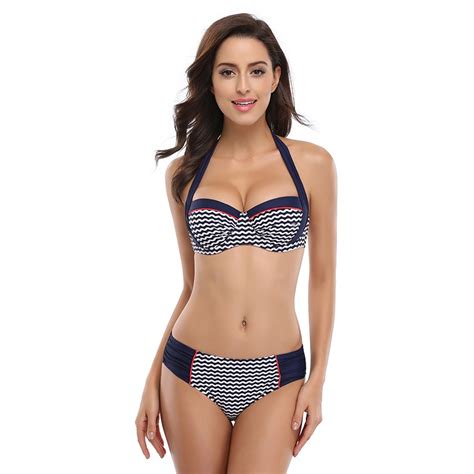 Jaonifer Halter Push Up Swimsuit Patchwork Striped Swimwear Womens Bikinis Set Brazilian