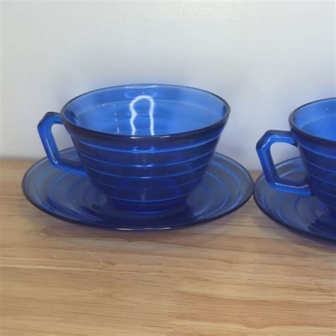 Hazel Atlas Cobalt Blue Moderntone Set Of 3 Cups Saucers Depression