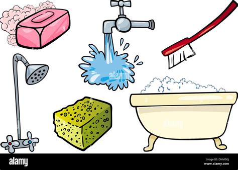Cartoon Illustration Of Hygiene And Cleaning Objects Clip Art Set Stock