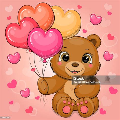 Cute Cartoon Brown Bear Holding Heart Shaped Balloons Stock