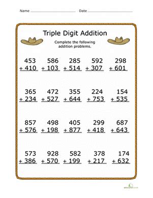 3rd grade addition and subtraction worksheets. Triple Digit Addition | Worksheet | Education.com