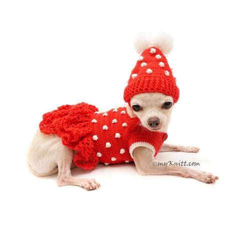 Red Dog Dress Crochet Dog Hat Chihuahua Winter Clothes Df115