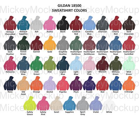Color Chart GILDAN 18500 Adult Hooded Sweatshirt PNG Etsy