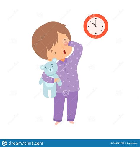 Cute Sleepy Boy Wearing Pajamas Standing With Teddy Bear Preschool Kid