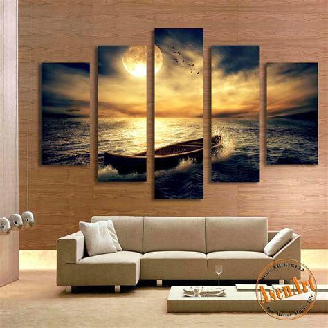 5 Panel Sunset Seascape Painting Single Boat Picture For