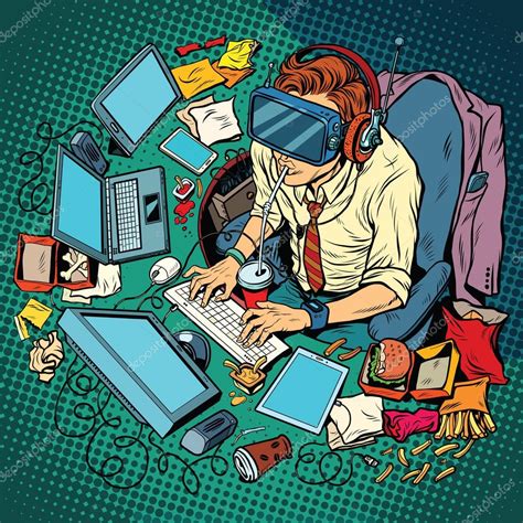 It Geek Working On Computers Virtual Reality — Stock Vector