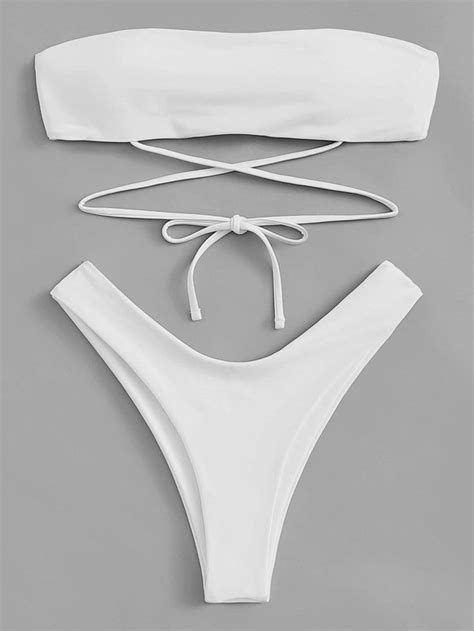 White Swimsuit Self Tie Bandeau Top With High Leg Bikini Bottom