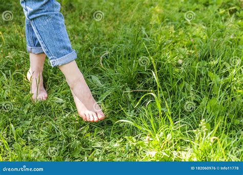 two beautiful female feet walking on grass in sunny summer morning light step barefoot girl