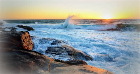 Sunset Sea Rocks Waves Landscape Wallpapers Hd Desktop And Mobile