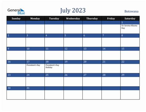 July 2023 Monthly Calendar With Botswana Holidays