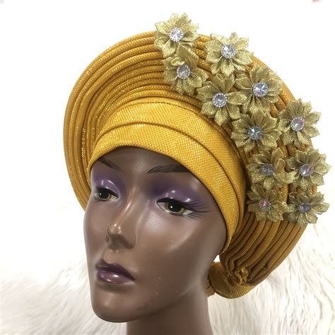 African Hijab Caps With Beads Already Made Auto Aso Oke Gele Headtie Asoebi Auto Turban Head