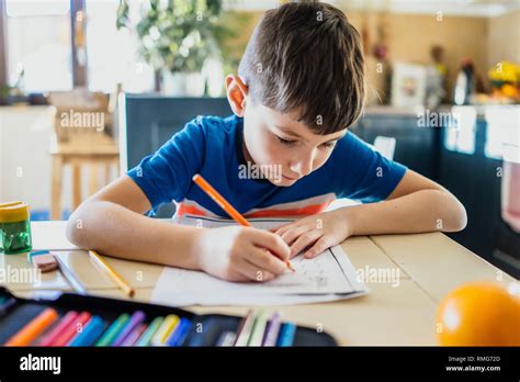 Little Boy Doing Homework In His Home Stock Photo Alamy