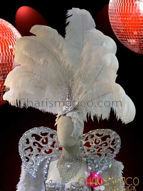 Classic White And Crystal Showgirls Headdress With A Feathered Cap
