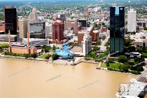 Aerial View Of Downtown Toledo Ohio On The Riverfront Of The Maumee