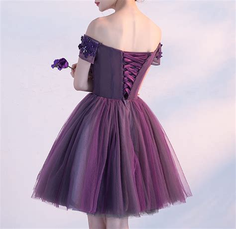 Cute A Line Dark Purple Homecoming Dresses Off Shoulder Short Prom Dress Sexy Appliqued