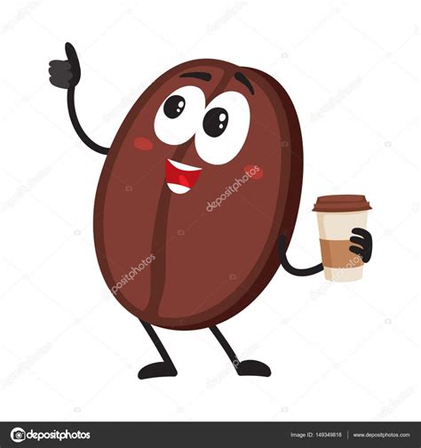 Funny Coffee Bean Character With Paper Cup Showing Thumb Up — Stock