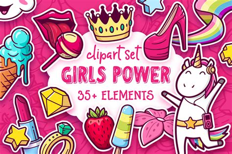 Girls Power Clipart And Pattern Set On Yellow Images Creative Store