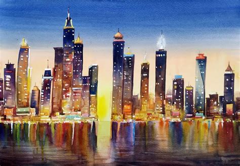 City Night Skyline Painting By Samiran Sarkar Saatchi Art