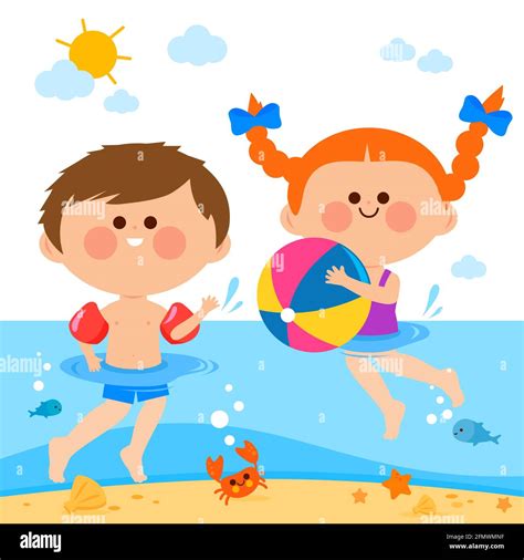 A Boy And A Girl Swimming At The Sea Using Inflatable Armbands And A