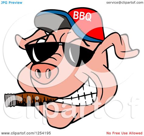 Clipart Of A Grinning Pig Smoking A Cigar Wearing Sunglasses And A Bbq