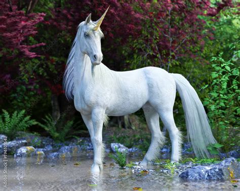 Majestic Unicorn Posing In An Enchanted Forest Stock Illustration
