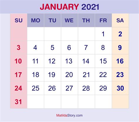 January 2021 Calendar Printable Free Monthly Printable Calendar
