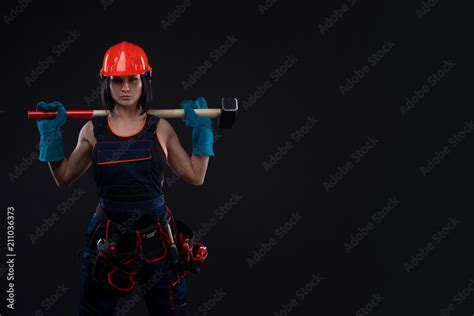 Sex Equality And Feminism Sexy Girl In Safety Helmet Holding Hammer Tool Attractive Woman