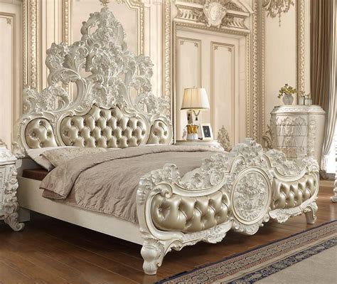 Luxury King Bed White Carved Wood Traditional Homey Design Hd 8030